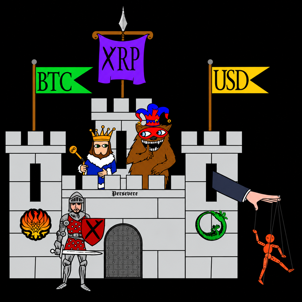 A symbolic castle with BTC, XRP and USD flags, a crowned king, Boros and a knight