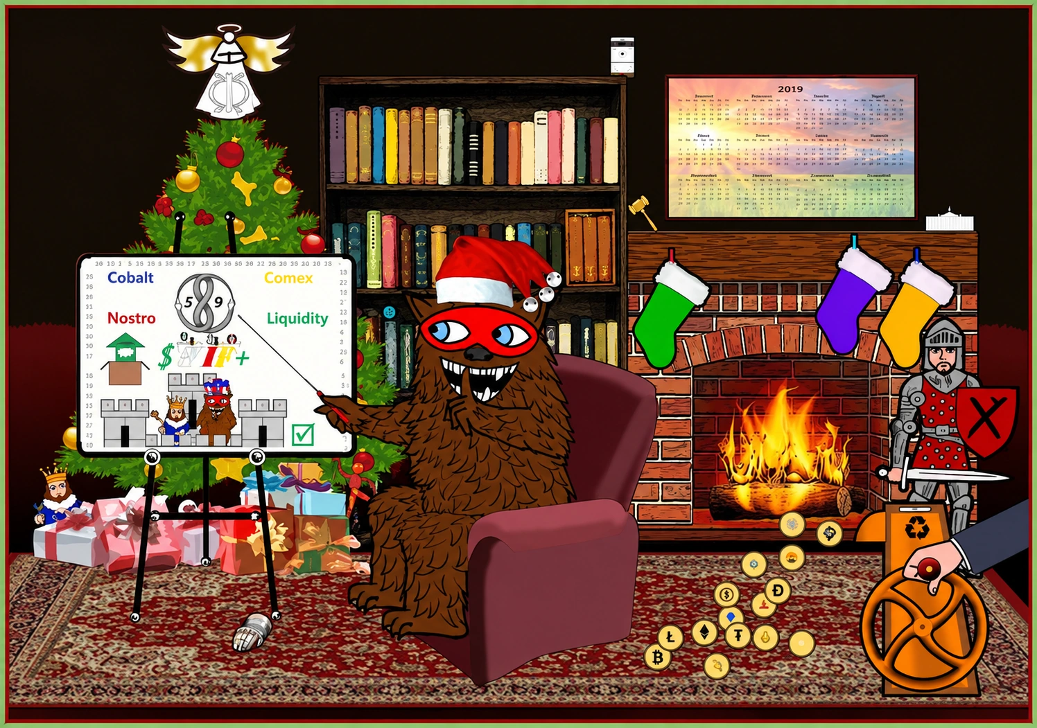 A masked woodland keeper in a Santa hat pointing at a map beside a Christmas tree, fireplace, knight and scattered coins.