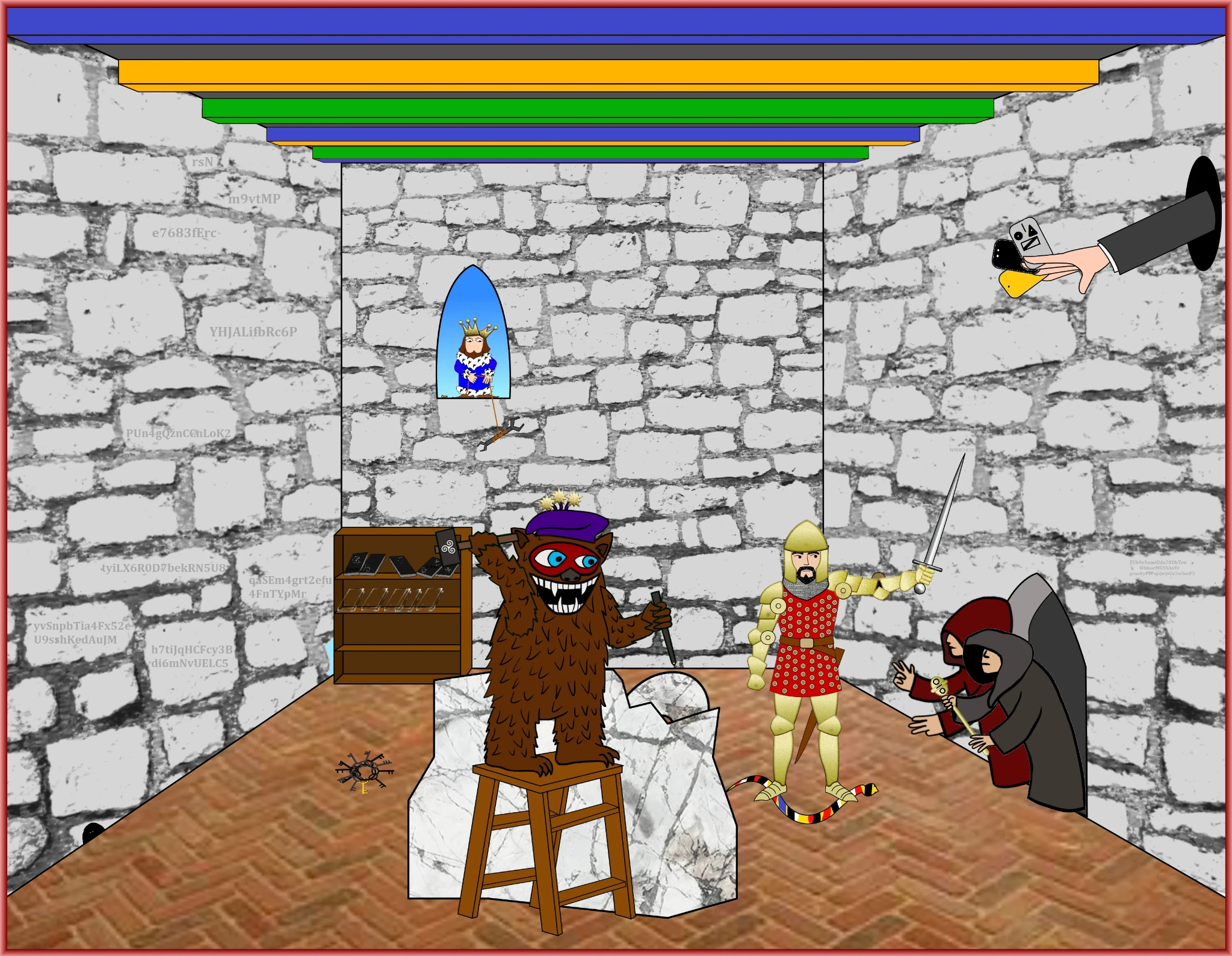 A masked woodland keeper with a hammer in a stone chamber, alongside a knight, two cloaked figures and a king in an arched window.