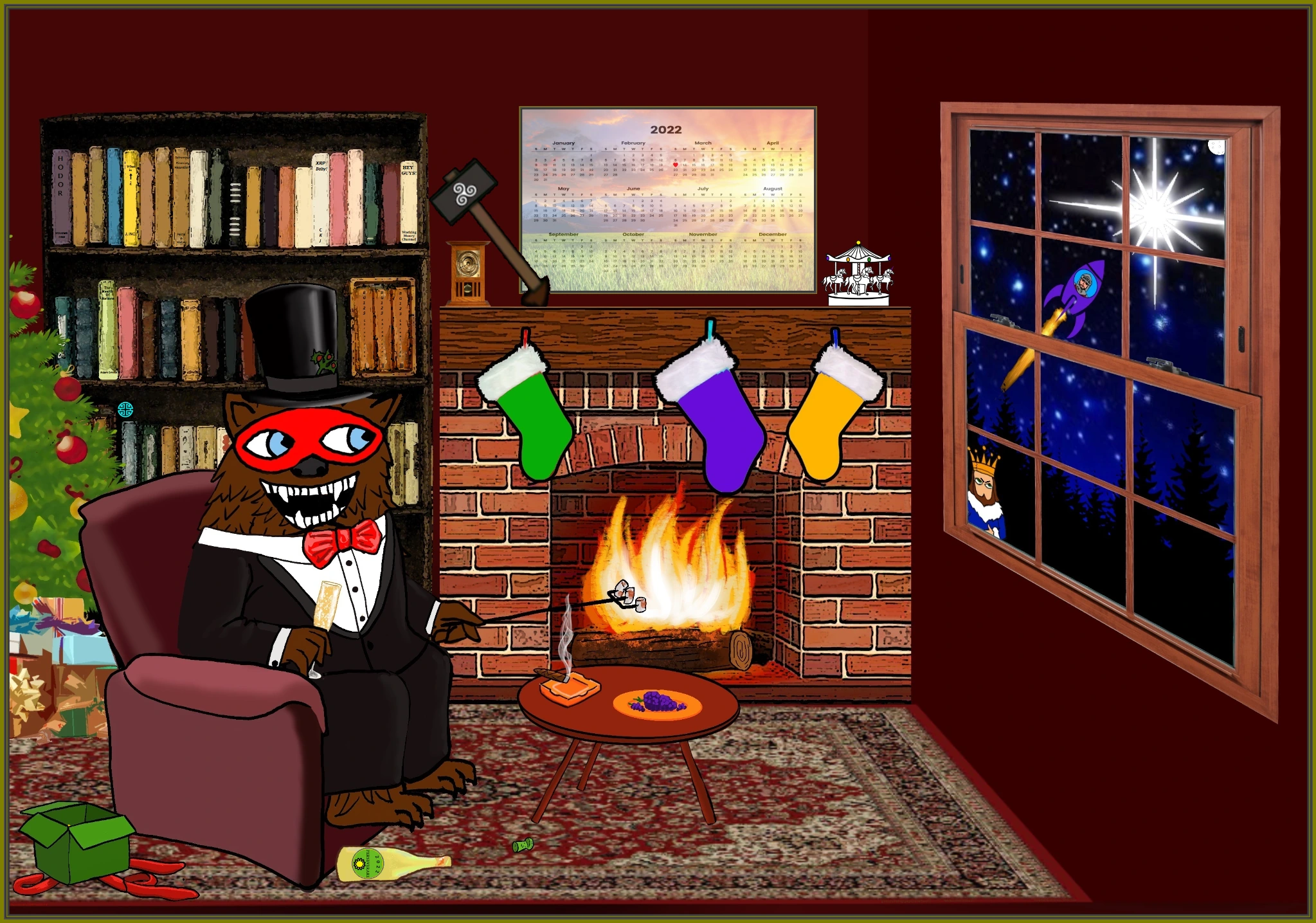 A masked woodland keeper in a top hat and tuxedo beside a fireplace, books, Christmas stockings and a window onto a starry sky.