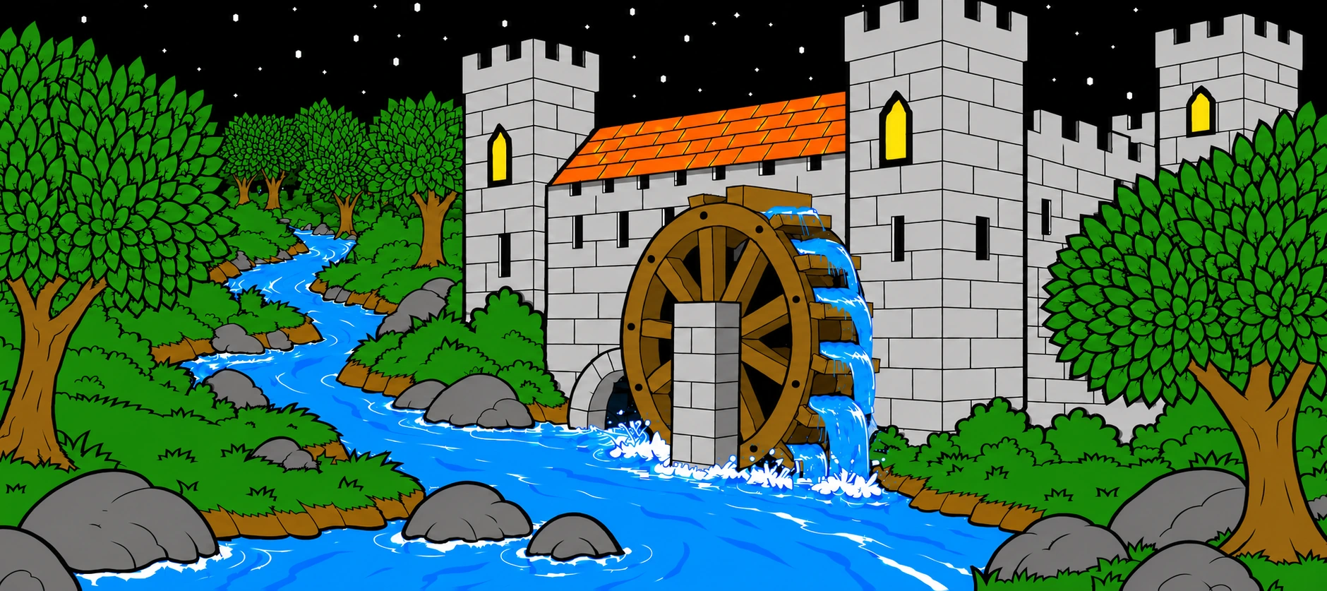 A gray castle with staggered stone blocks and a wooden waterwheel supported by a stone column beside a bright blue river, surrounded by bright green trees and plants beneath a starry black sky