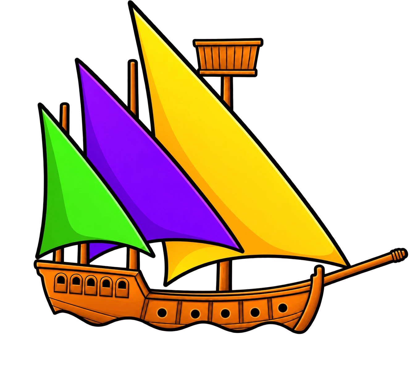 A small wooden boat with green, purple and gold sails