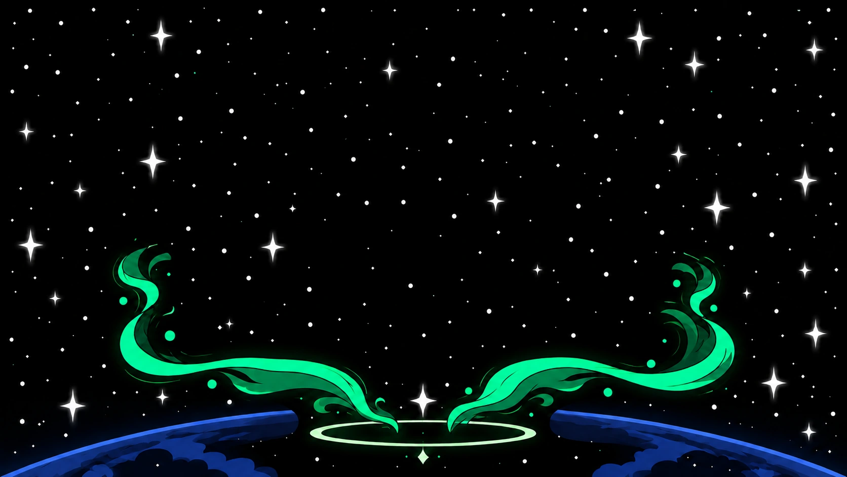 A starry cosmic clearing framed by emerald magic and a blue planetary horizon.