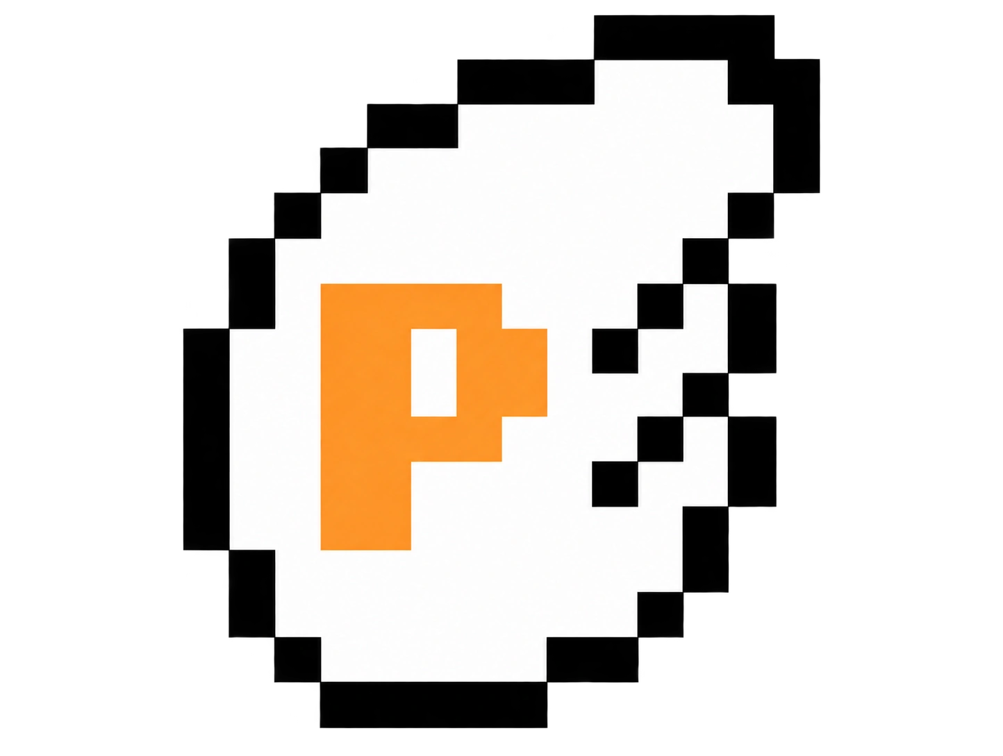 White pixel-art emblem with an orange P