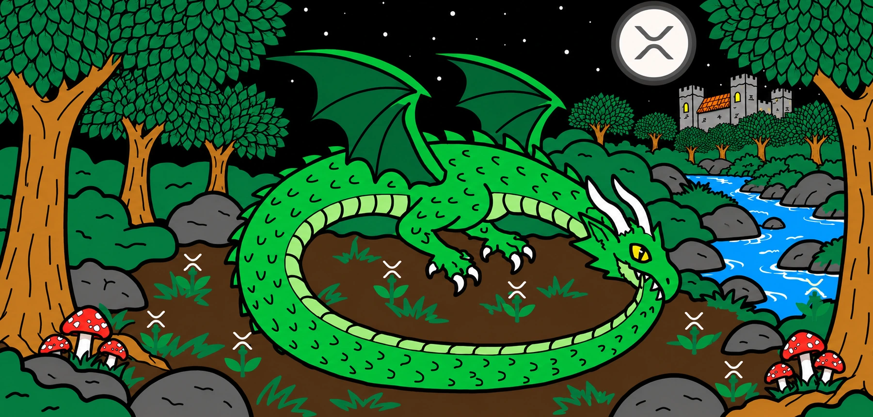 A green winged dragon forms an ouroboros in a moonlit forest beside a river, with XRP flowers, mushrooms and a distant castle
