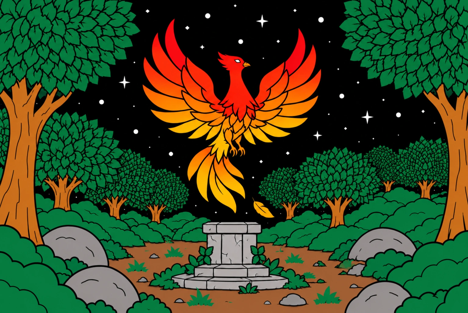 A red and golden phoenix above a stone pedestal in a starry forest