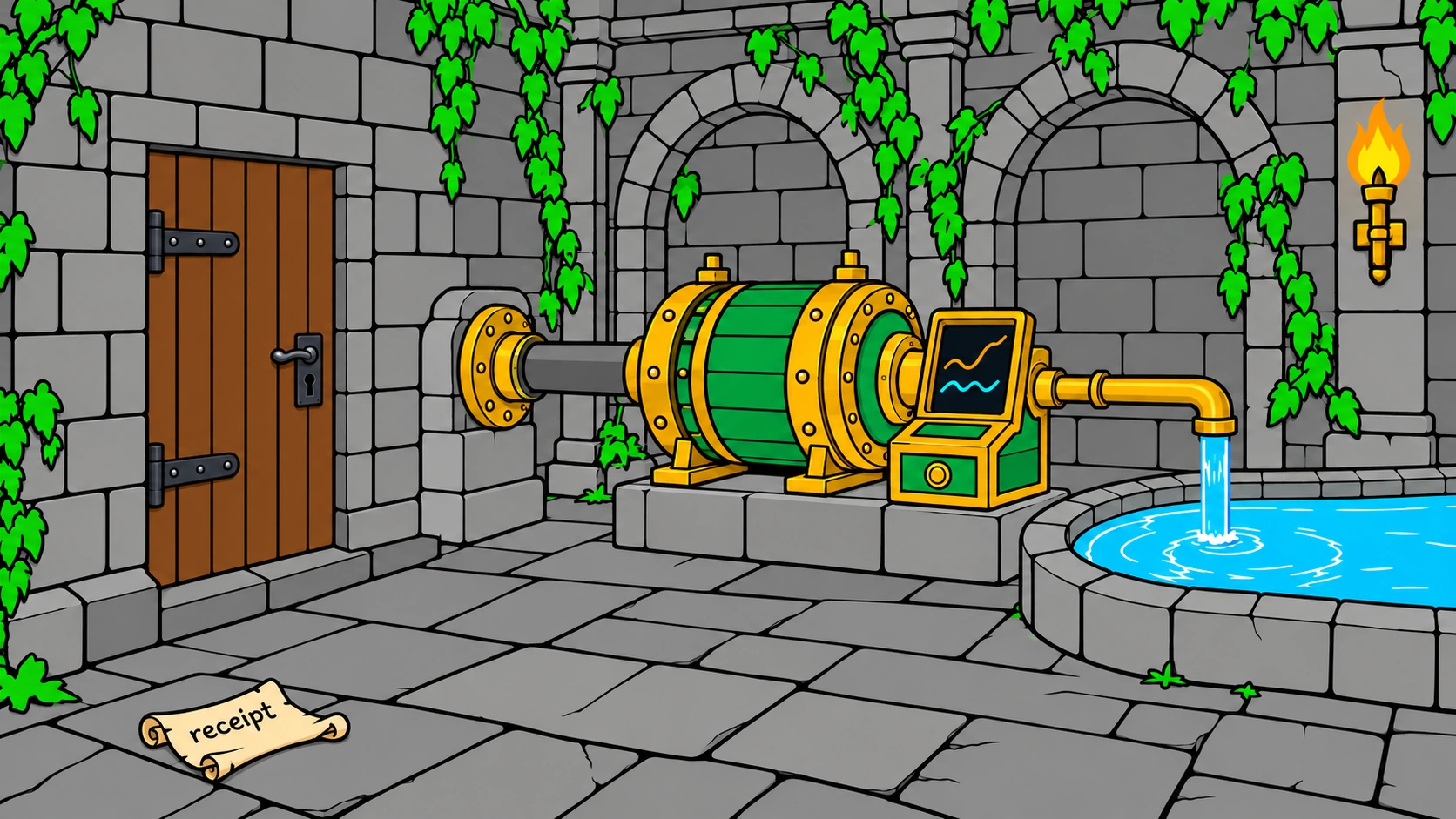 A green and gold generator in the waterwheel room, with a wooden door on the left, a parchment receipt on the floor, a control screen and a pipe filling a stone well to the right.