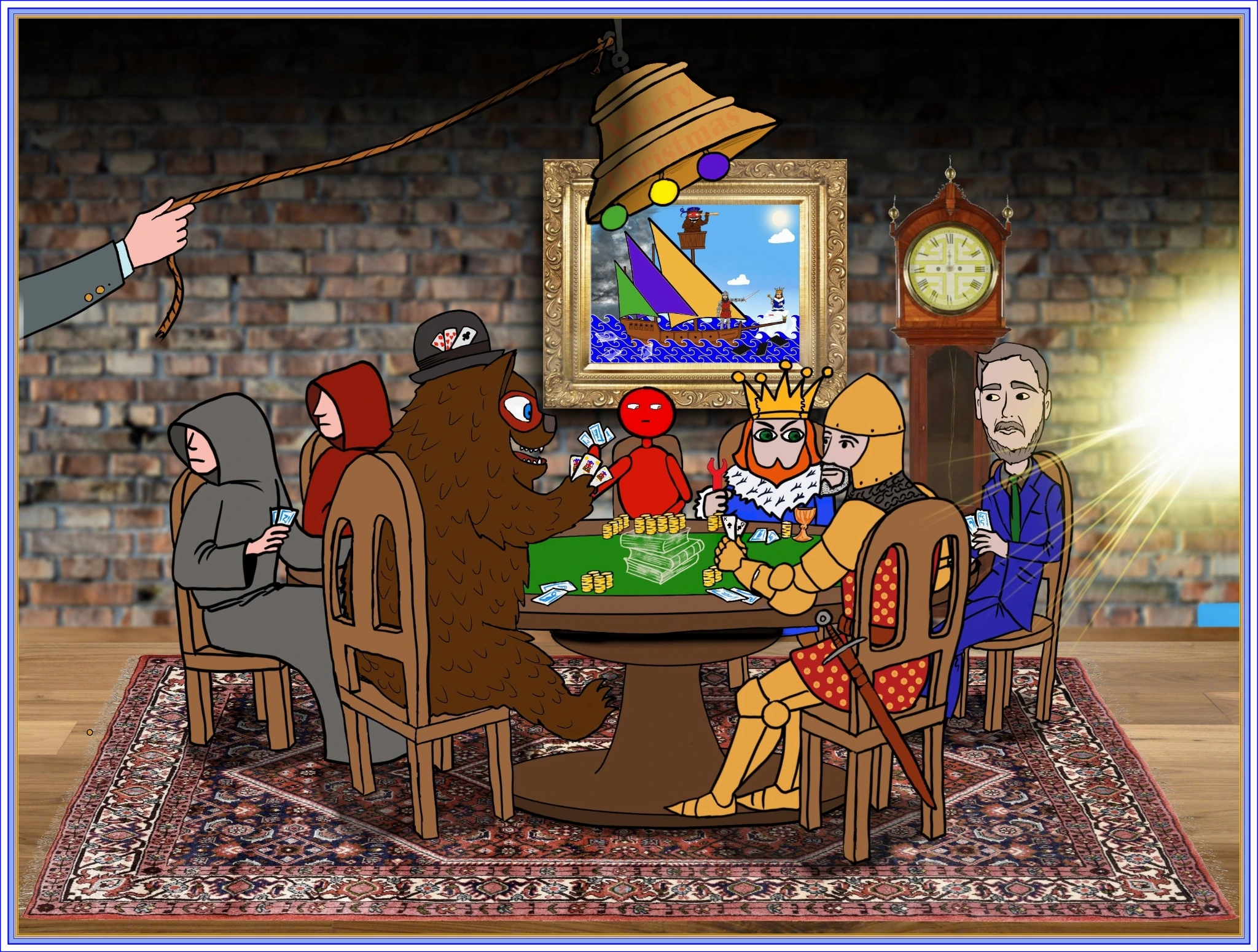Woodland friends, a king and knights gather around a card table in a castle room.