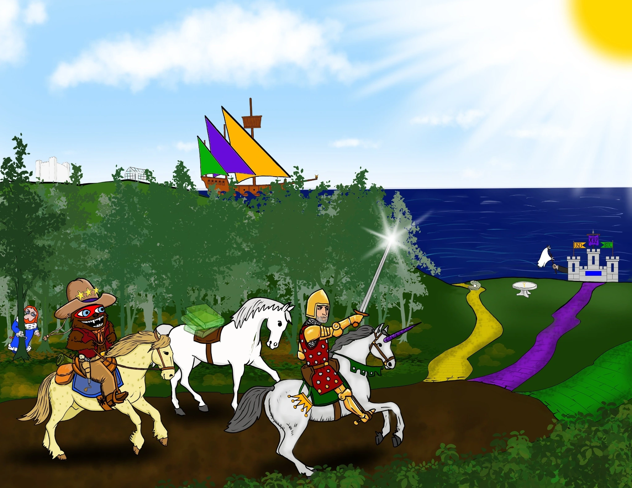 Woodland riders and a knight approach three winding paths beside the sea.