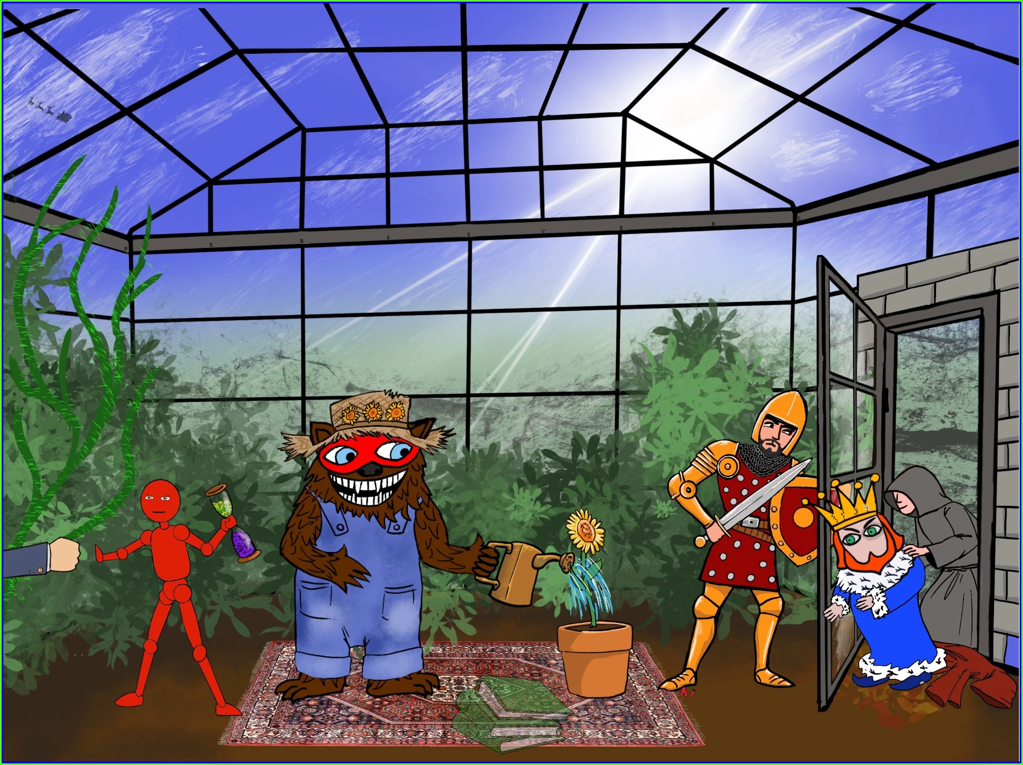 A glass greenhouse with a woodland gardener watering a sunflower, surrounded by plants and castle visitors.