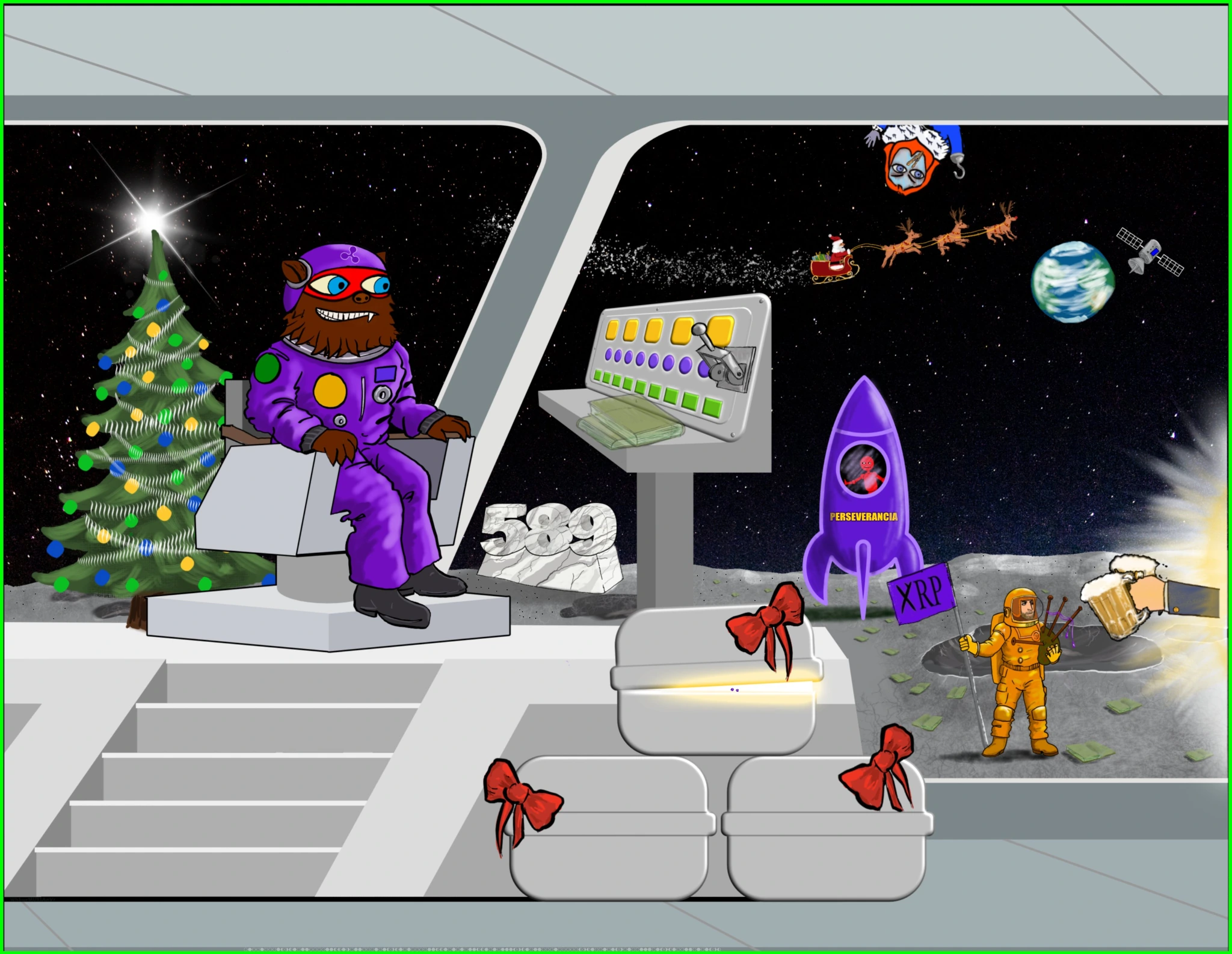 A festive space station with a purple-suited woodland astronaut, a Christmas tree, a rocket and a view of Earth, Santa and the stars.