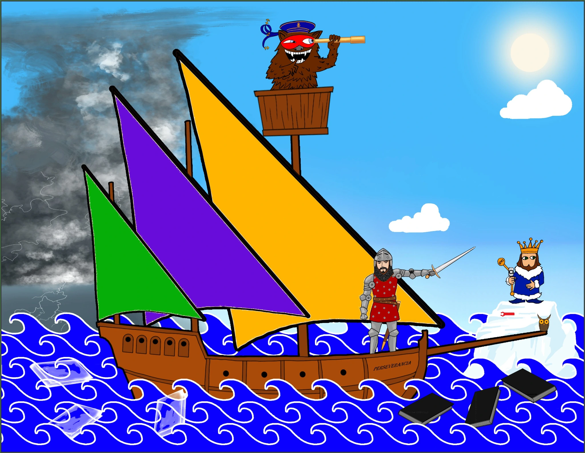 A colorful sailing ship with a woodland captain and knight, crossing blue waves between storm clouds and sunshine.